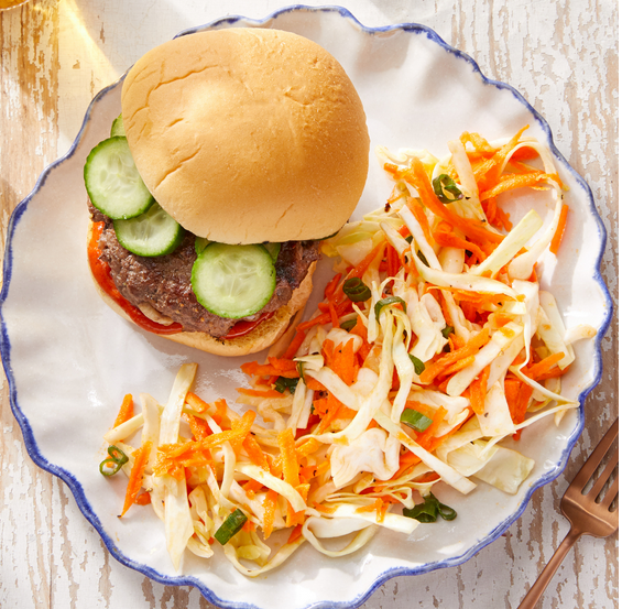 korean burgers with Marinated Cucumber & Sesame-Dressed Slaw